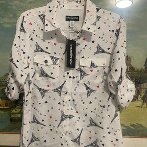 Karl Lagerfeld Paris Hearts and Eiffel Tower Print Blouse Size M